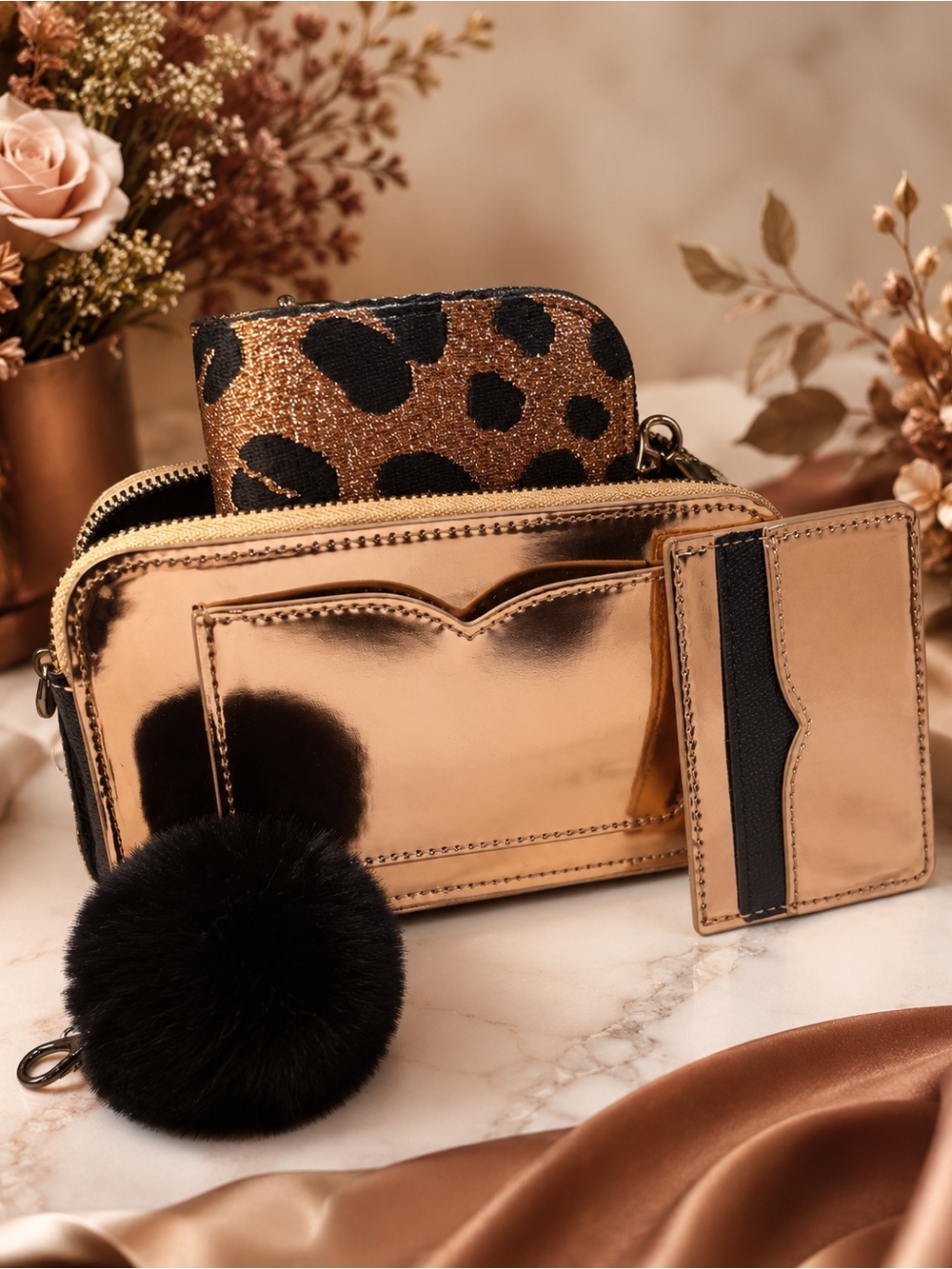 NoBo Metallic Rose Gold Mini Bag Set with Black Pom & Leopard Print Strap